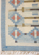 Erin is an original röllakan by the textile designer Karin Jonsson. This vintage rug features a beautiful and unique blue, pink and green colour palette and a geometric design.