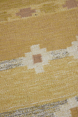 Luisa is a Swedish röllakan rug by textile designer Karin Jonsson. This unique rug features a beautiful ochre yellow colour palette and a geometric design