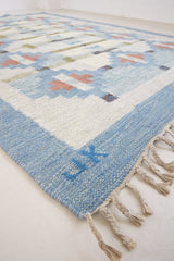 Erin is an original röllakan by the textile designer Karin Jonsson. This vintage rug features a beautiful and unique blue, pink and green colour palette and a geometric design.