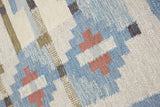Erin is an original röllakan by the textile designer Karin Jonsson. This vintage rug features a beautiful and unique blue, pink and green colour palette and a geometric design.