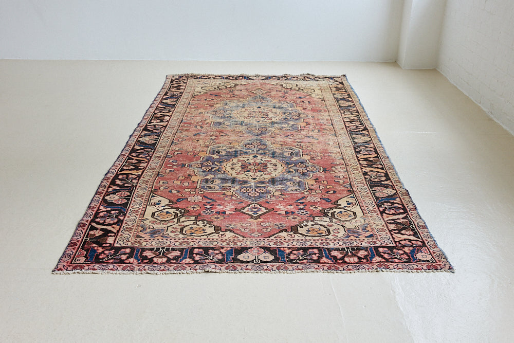 Camille is an antique hand-woven Ushak rug with two central medallions floating on a muted field of rust and taupe, anchored by a striking black floral border.