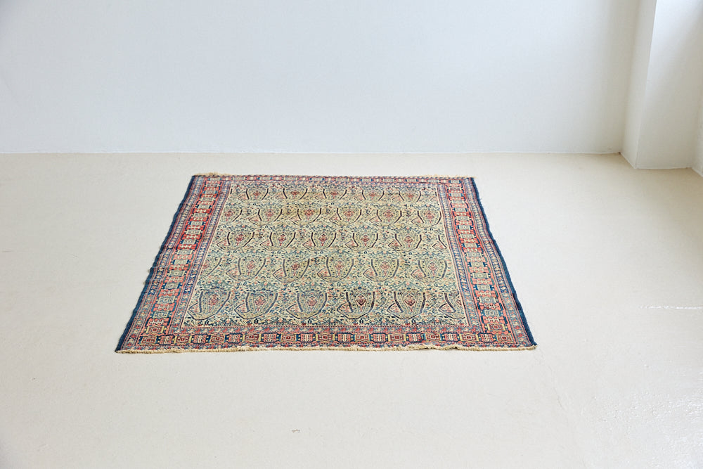 Claudette is a beautiful antique Senneh rug with an intricate design. Senneh rugs are known for their fine and intricate patterns and distinctive weaving technique. Claudette has an intricate botteh pattern and a pleasing colour palette of yellow, muted red and blue.