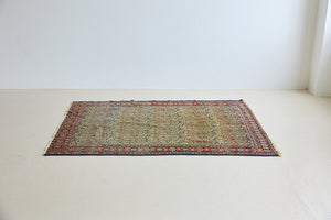 Claudette is a beautiful antique Senneh rug with an intricate design. Senneh rugs are known for their fine and intricate patterns and distinctive weaving technique. Claudette has an intricate botteh pattern and a pleasing colour palette of yellow, muted red and blue.