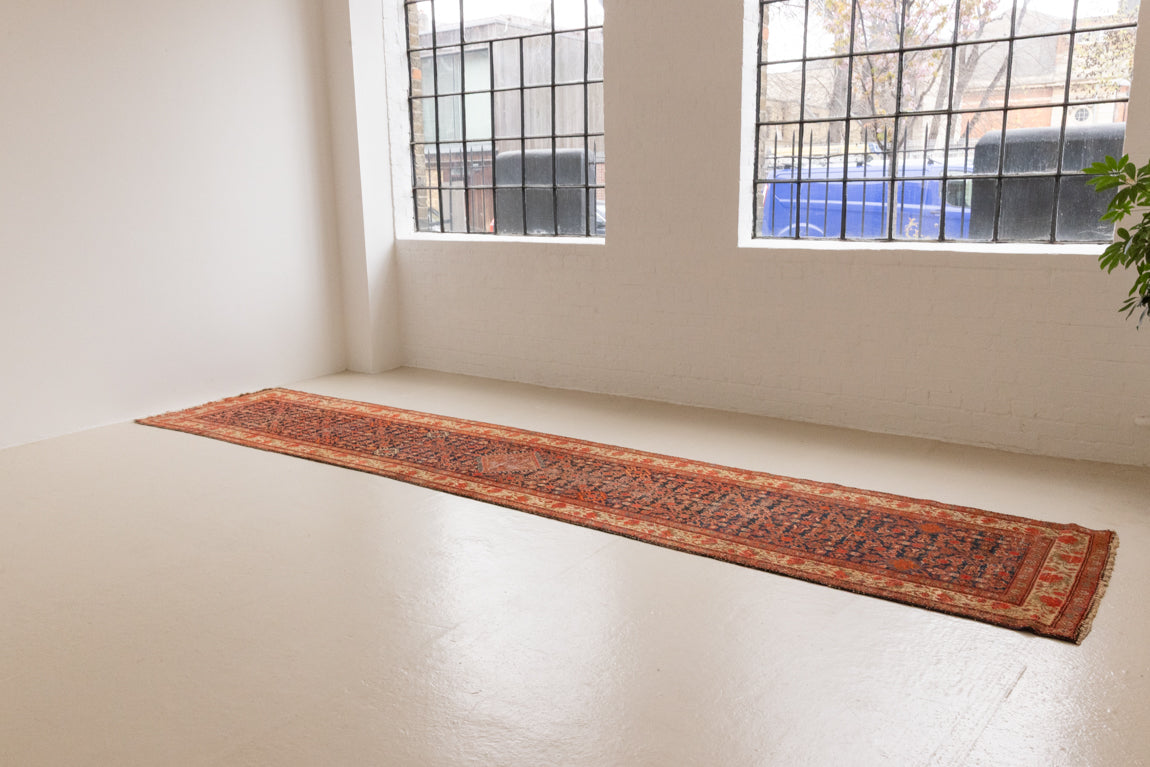 The Malayer region is known for producing some of the most ornate Persian carpets, often known for their mesmerising and intricate repeating patterns.This extra long handwoven vintage runner rug features a beautiful intricate design and lots of character and charm.