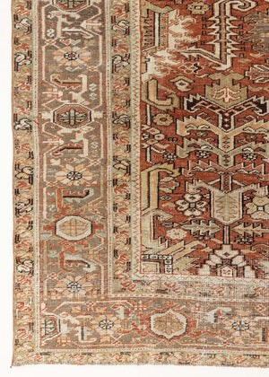 This is a antique Persian Heriz rug that has been over-dyed to gently fade its original colours, giving a more neutral palette. Persia has the most desirable rugs and carpets with stunning designs such as this carpet. Now available at Ourika London.