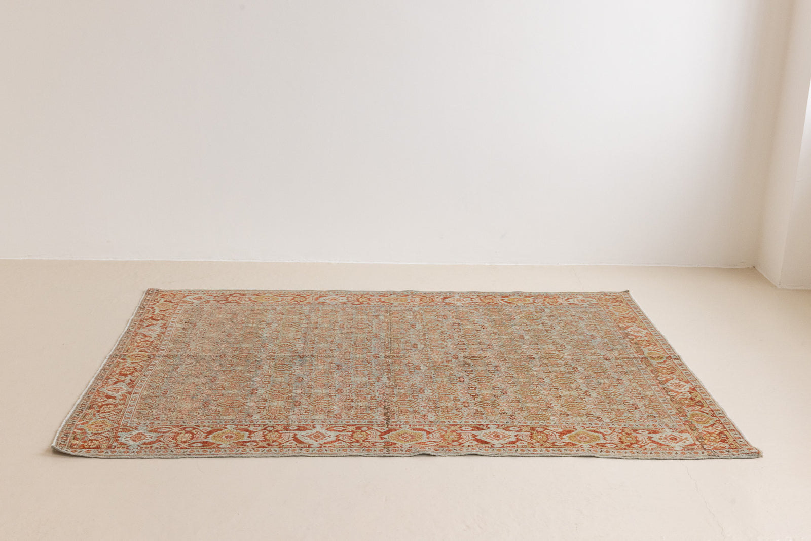 Tabriz rugs are celebrated for their incredible precision, calm symmetry and intricate designs. This piece features a stunning all over Herati pattern and an incredible palette of soft terracotta and sky blue.