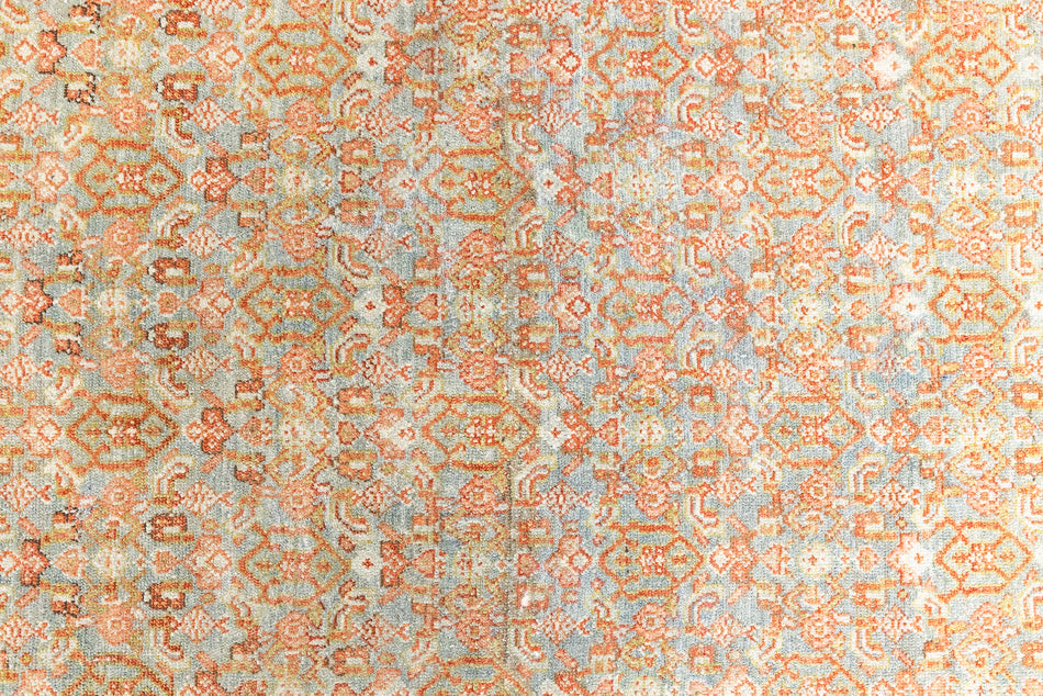 Tabriz rugs are celebrated for their incredible precision, calm symmetry and intricate designs. This piece features a stunning all over Herati pattern and an incredible palette of soft terracotta and sky blue.