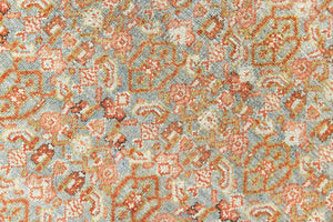 Tabriz rugs are celebrated for their incredible precision, calm symmetry and intricate designs. This piece features a stunning all over Herati pattern and an incredible palette of soft terracotta and sky blue.
