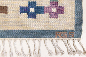 Lumi is a signed vintage Swedish flatweave rug by Anna-Greta Sjöqvist, featuring a calm blue field framed by ivory borders and delicate geometric motifs. Handwoven in wool using the traditional rölakan technique.