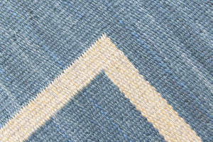 Lumi is a signed vintage Swedish flatweave rug by Anna-Greta Sjöqvist, featuring a calm blue field framed by ivory borders and delicate geometric motifs. Handwoven in wool using the traditional rölakan technique.