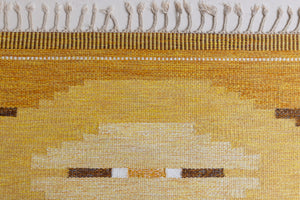 A Vintage Swedish kilim Rug by Ingegerd Silow. An original röllakan flatweave carpet featuring a yellow field and unique geometric design. 