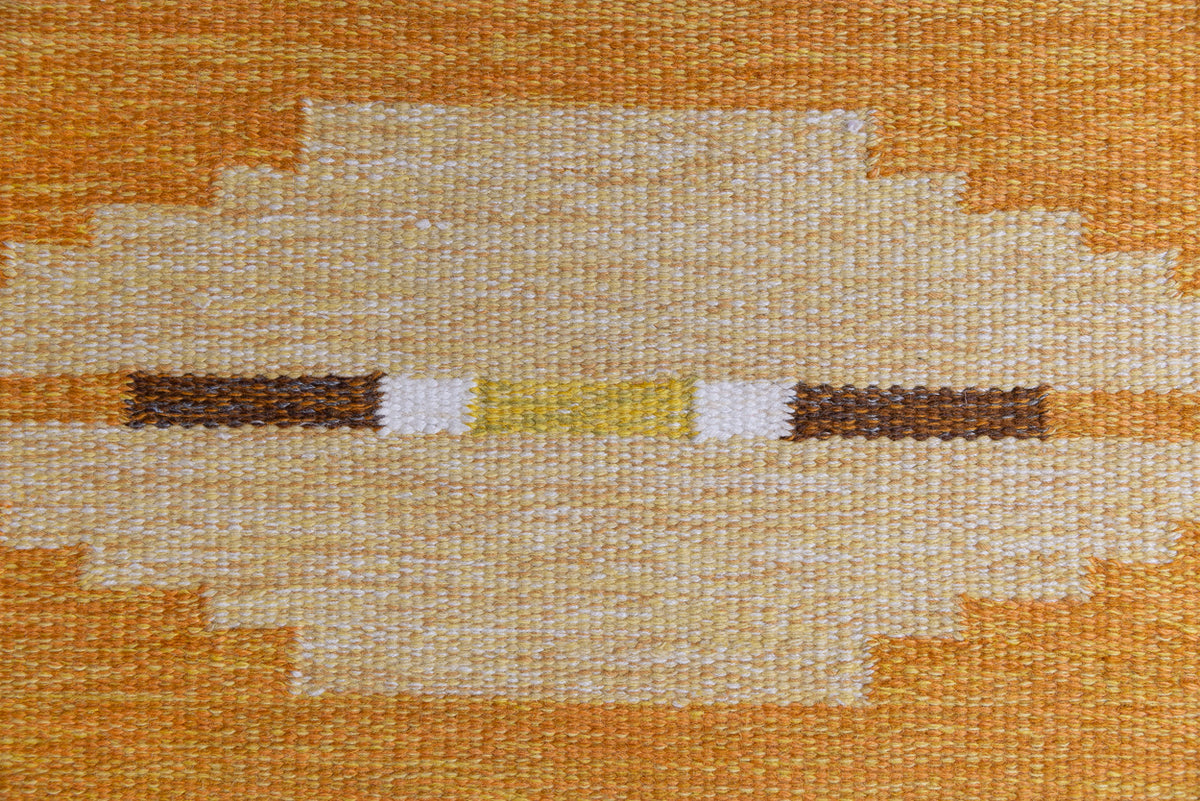 A Vintage Swedish kilim Rug by Ingegerd Silow. An original röllakan flatweave carpet featuring a yellow field and unique geometric design. 