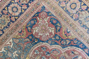 Celeste is a beautiful antique Persian Tabriz rug with a soft pink and blue colour palette and a lovely floral central medallion. This piece is attributed to the master Hadji Jalili workshop which produced some of the most refined Persian carpets of the 19th century, known for their soft tones, intricate medallions, and balanced designs.