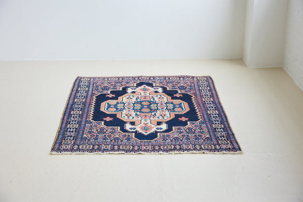 Belle is an antique handwoven Persian Senneh rug, with an intricate ivory medallion in pink and blue set on a deep indigo field. Persian Senneh carpets are known for their fine, intricate patterns and distinctive weaving technique.
