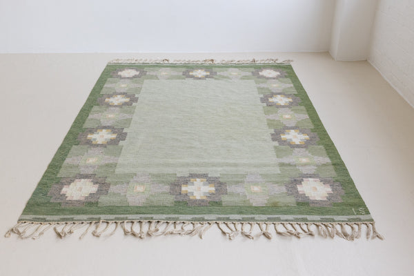 Handwoven vintage Swedish flatweave rug by Ingegerd Silow, with a rare geometric design