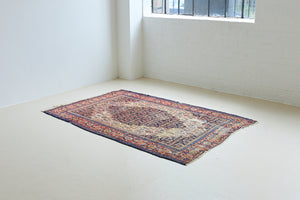 Raine is a beautiful antique Senneh rug with an intricate design. Senneh rugs are known for their fine and intricate patterns and distinctive weaving technique. Raine has a central motif surrounded by an intricate pattern and a pleasing colour palette of blue, red and taupe.
