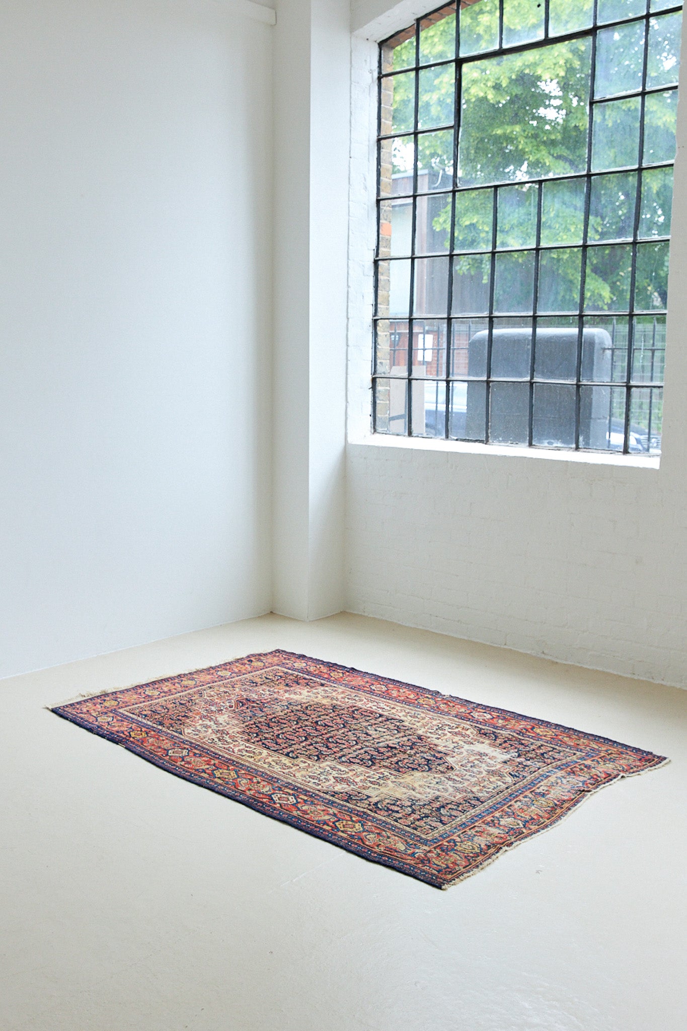 Raine is a beautiful antique Senneh rug with an intricate design. Senneh rugs are known for their fine and intricate patterns and distinctive weaving technique. Raine has a central motif surrounded by an intricate pattern and a pleasing colour palette of blue, red and taupe.