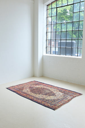 Raine is a beautiful antique Senneh rug with an intricate design. Senneh rugs are known for their fine and intricate patterns and distinctive weaving technique. Raine has a central motif surrounded by an intricate pattern and a pleasing colour palette of blue, red and taupe.