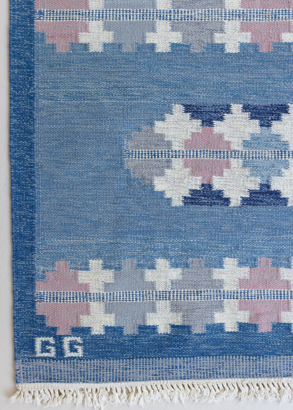 A vintage Swedish röllakan rug by Gitt Grannsjo-Carlsson, in soft blue with dusky pink and ivory