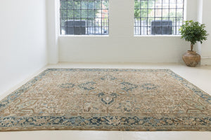 This is a vintage Persian Heriz rug that has been over-dyed to gently fade its original colours, giving a more neutral palette. Persia has the most desirable rugs and carpets with stunning designs such as this carpet. Now available at Ourika London.
