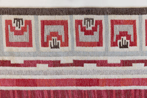 A rare vintage Swedish flatweave rug with a geometric Greek revival pattern in red, gray, and beige colours, featuring a wide border. By designer Aina Kånge