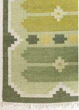 Alf is a vintage rug handwoven in Sweden for Svensk He Mslöjd which is a 1899 founded non-profit association that focused on Swedish textiles. This beautiful flatweave features a stunning green colour palette and an elegant geometric design.