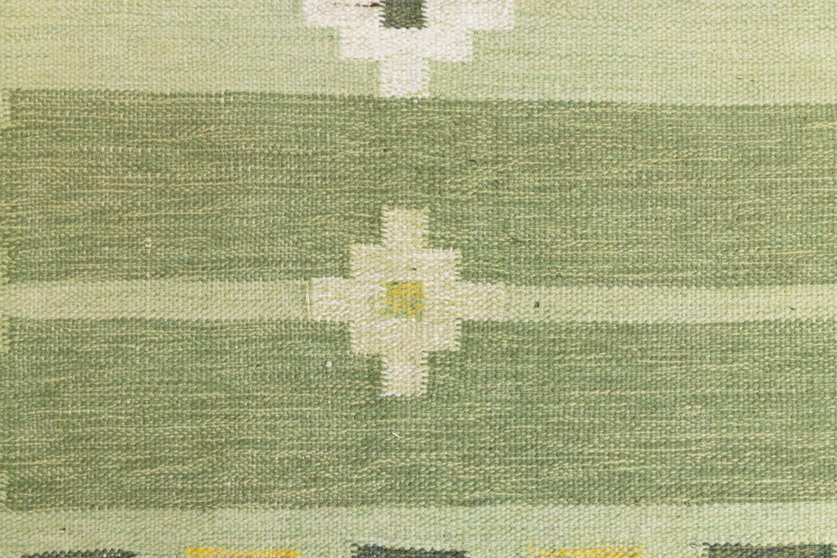 Alf is a vintage rug handwoven in Sweden for Svensk He Mslöjd which is a 1899 founded non-profit association that focused on Swedish textiles. This beautiful flatweave features a stunning green colour palette and an elegant geometric design.