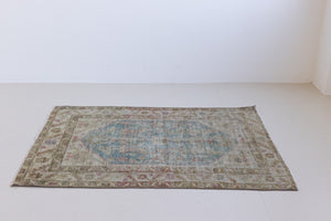 Olive is a Mahal Persian carpet featuring a large central medallion in soft blue and a wide floral boarder with vine scrollwork.