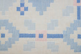 Dries is a vintage rug handwoven in Sweden for Svensk He Mslöjd which is a 1899 founded non-profit association that focused on Swedish textiles. This beautiful flatweave features a stunning blue colour palette and a geometric design