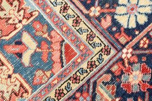 This is a handmade antique Heriz rug woven in Persia. The Heriz region is known for producing some of the most ornate Persian carpet, often known for their mesmerising and intricate repeating patterns.