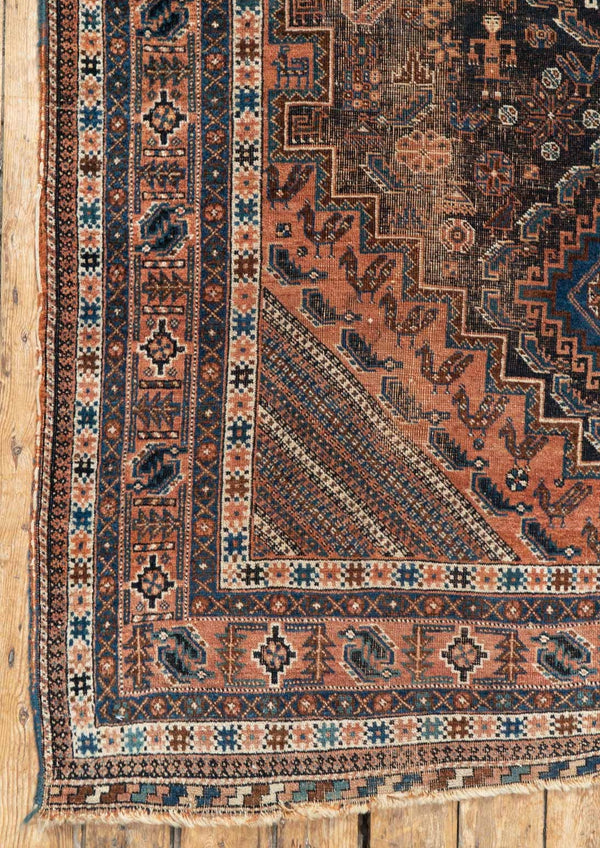 Antique Penny Rug with Stylized Geometric Designs - Left Corner View