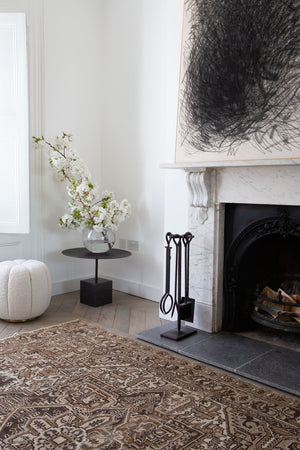 Mirabelle 90-year-old vintage Persian Heriz rug from Ourika London. That has been over-dyed using a unique procedure to gradually fade its original colour. Persia is where you will find the finest carpets and rugs will amzing designs and colours.