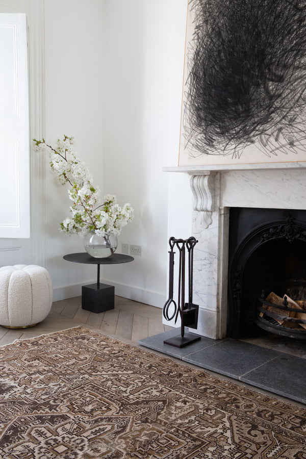 Mirabelle 90-year-old vintage Persian Heriz rug from Ourika London. That has been over-dyed using a unique procedure to gradually fade its original colour. Persia is where you will find the finest carpets and rugs will amzing designs and colours.