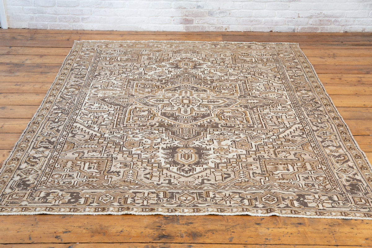 Mirabelle 90-year-old vintage Persian Heriz rug from Ourika London. That has been over-dyed using a unique procedure to gradually fade its original colour. Persia is where you will find the finest carpets and rugs will amzing designs and colours.