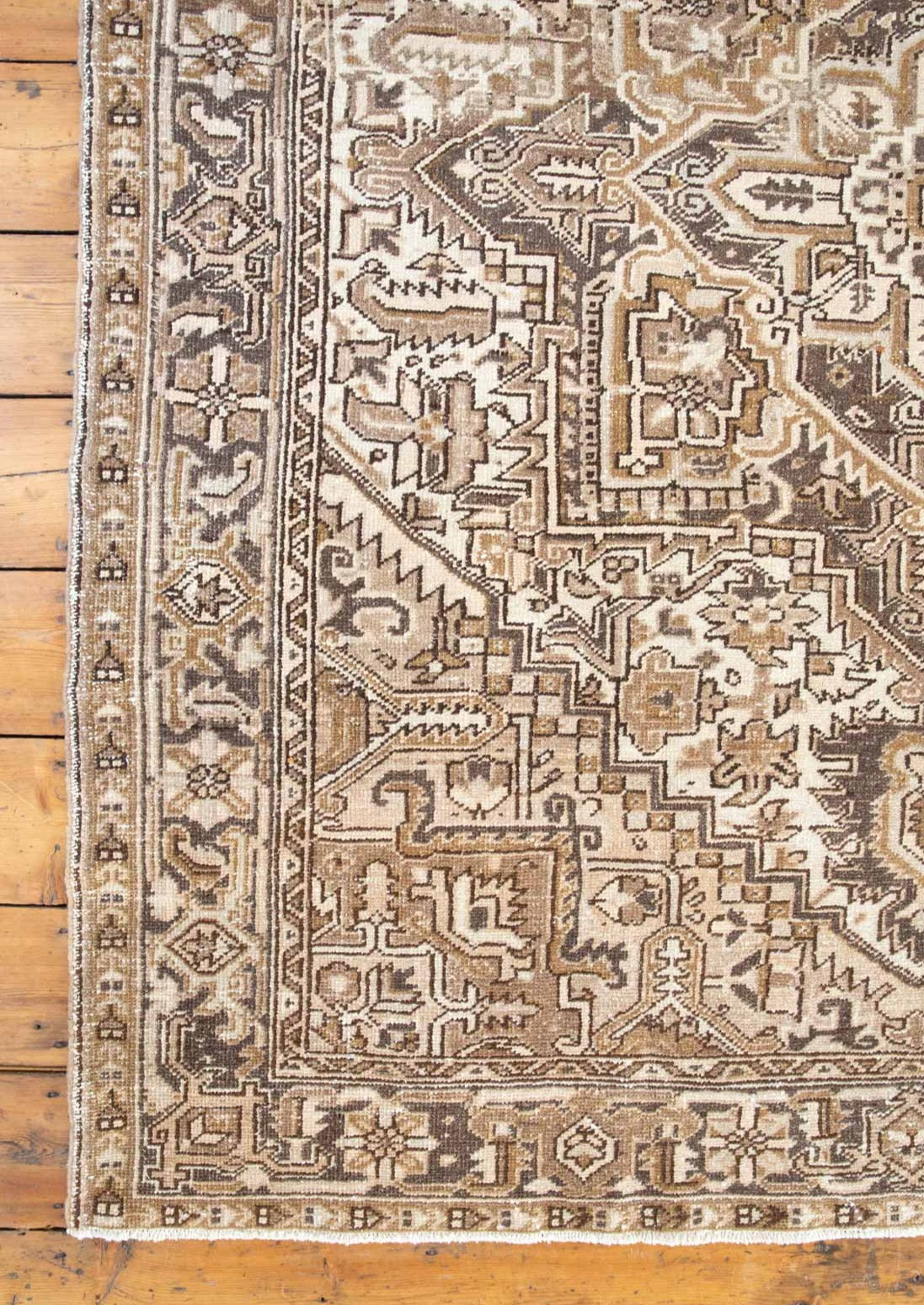 Mirabelle 90-year-old vintage Persian Heriz rug from Ourika London. That has been over-dyed using a unique procedure to gradually fade its original colour. Persia is where you will find the finest carpets and rugs will amzing designs and colours.