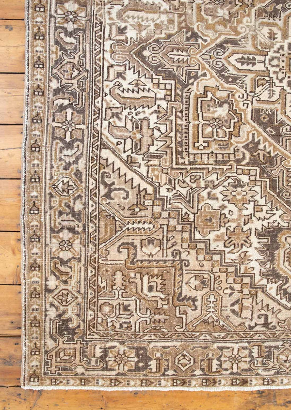 Mirabelle 90-year-old vintage Persian Heriz rug from Ourika London. That has been over-dyed using a unique procedure to gradually fade its original colour. Persia is where you will find the finest carpets and rugs will amzing designs and colours.