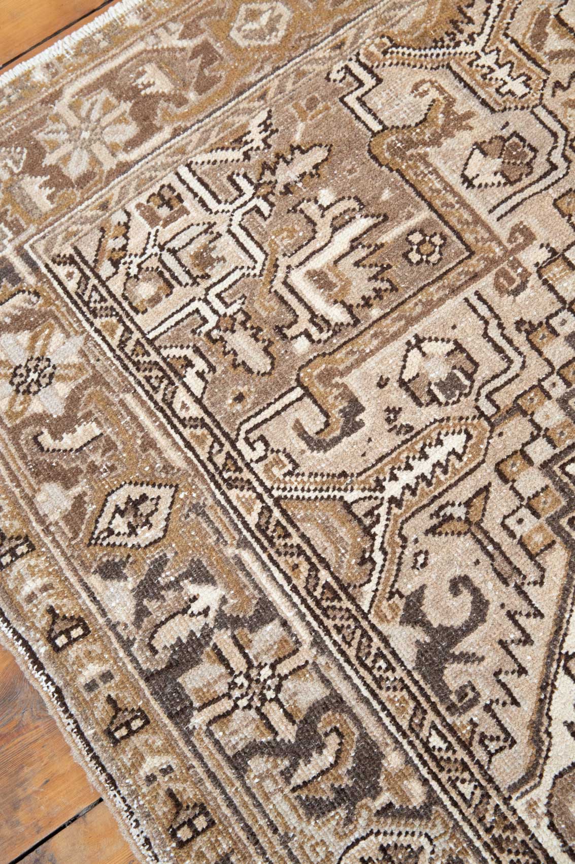 Mirabelle 90-year-old vintage Persian Heriz rug from Ourika London. That has been over-dyed using a unique procedure to gradually fade its original colour. Persia is where you will find the finest carpets and rugs will amzing designs and colours.