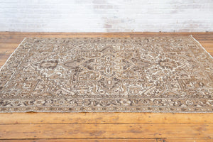 Mirabelle 90-year-old vintage Persian Heriz rug from Ourika London. That has been over-dyed using a unique procedure to gradually fade its original colour. Persia is where you will find the finest carpets and rugs will amzing designs and colours.
