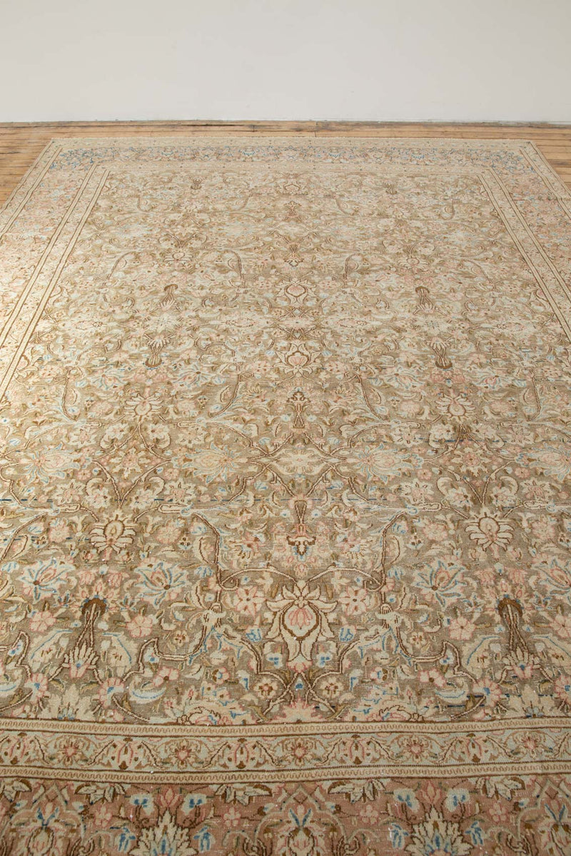 Stunning Antique Pearl Kerman rug with floral motifs - Top View